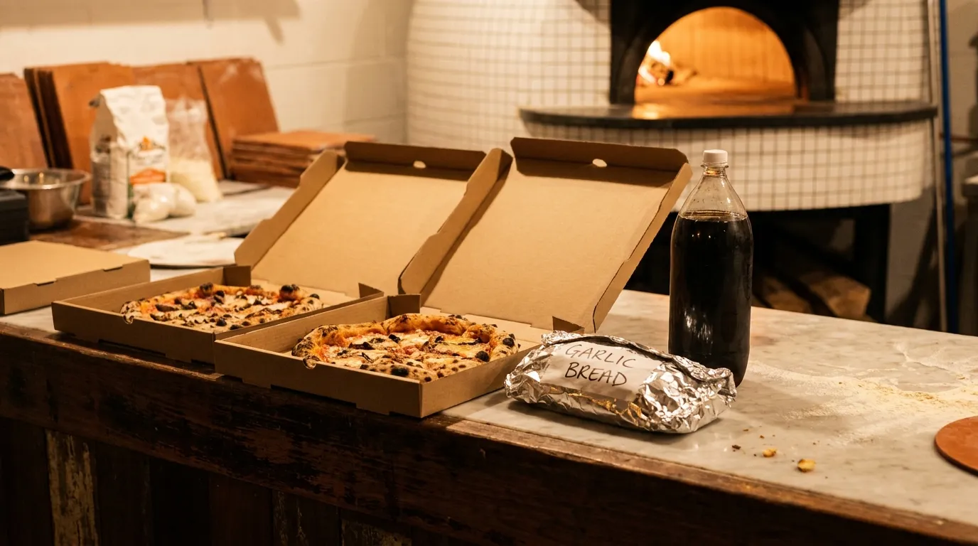 Two large pizzas, garlic bread and a drink on the counter