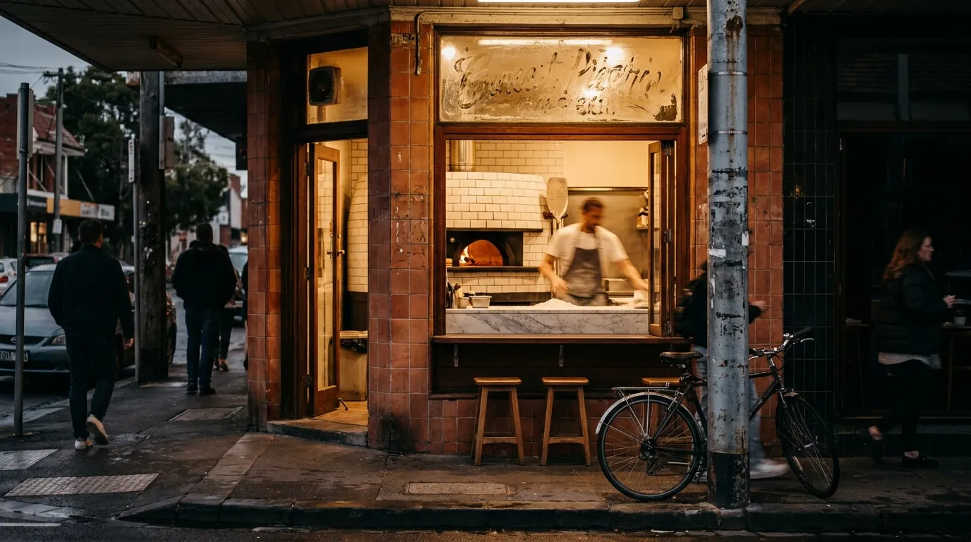 Nonna's Pizza on Sydney Road at dusk